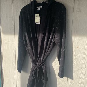 Lucky Lotus Black White Hooded Belted Tie Knitted Cotton Sweater Short Robe New